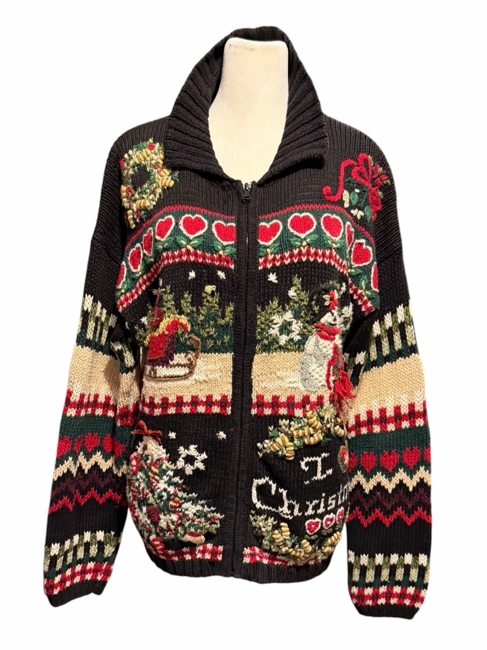 Tiara Ugly Christmas Sweater Textured Knit Santa Sleigh Tree Snowman VGC Size L
